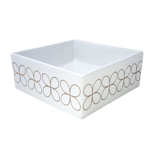 Square vessel sink painted with mid-century modern cloverleaf design in platinum, also available in gold.