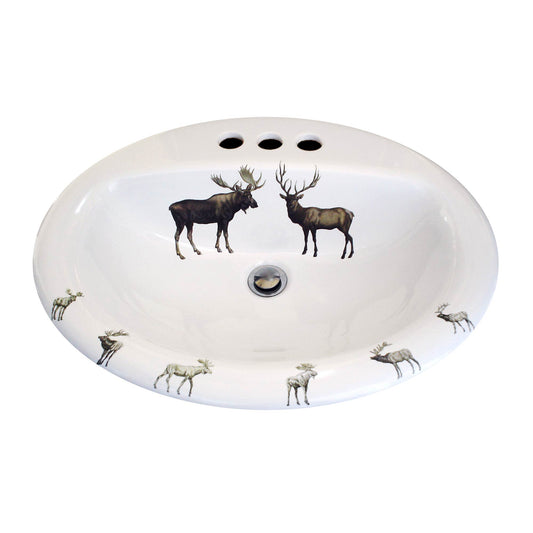 Lodge design drop-in bathroom sink painted with deer and moose for fish camp or hunting lodge.