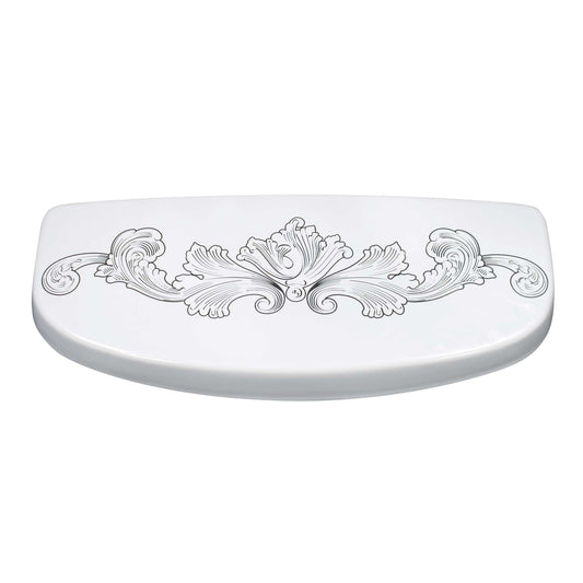 Engraved Acanthus scroll design painted on toilet tank lid in platinum