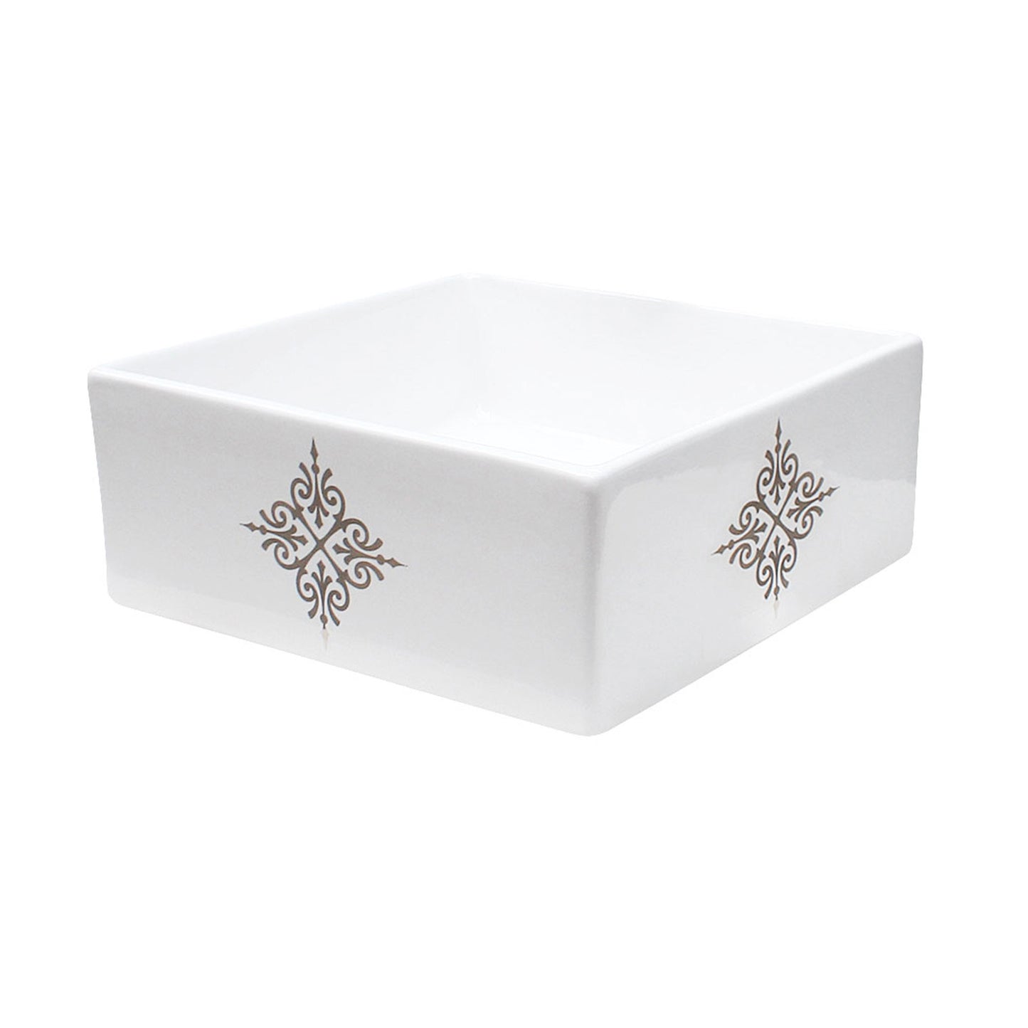 Square vessel sink painted with fancy emblem design in platinum for fabulous bathroom style.