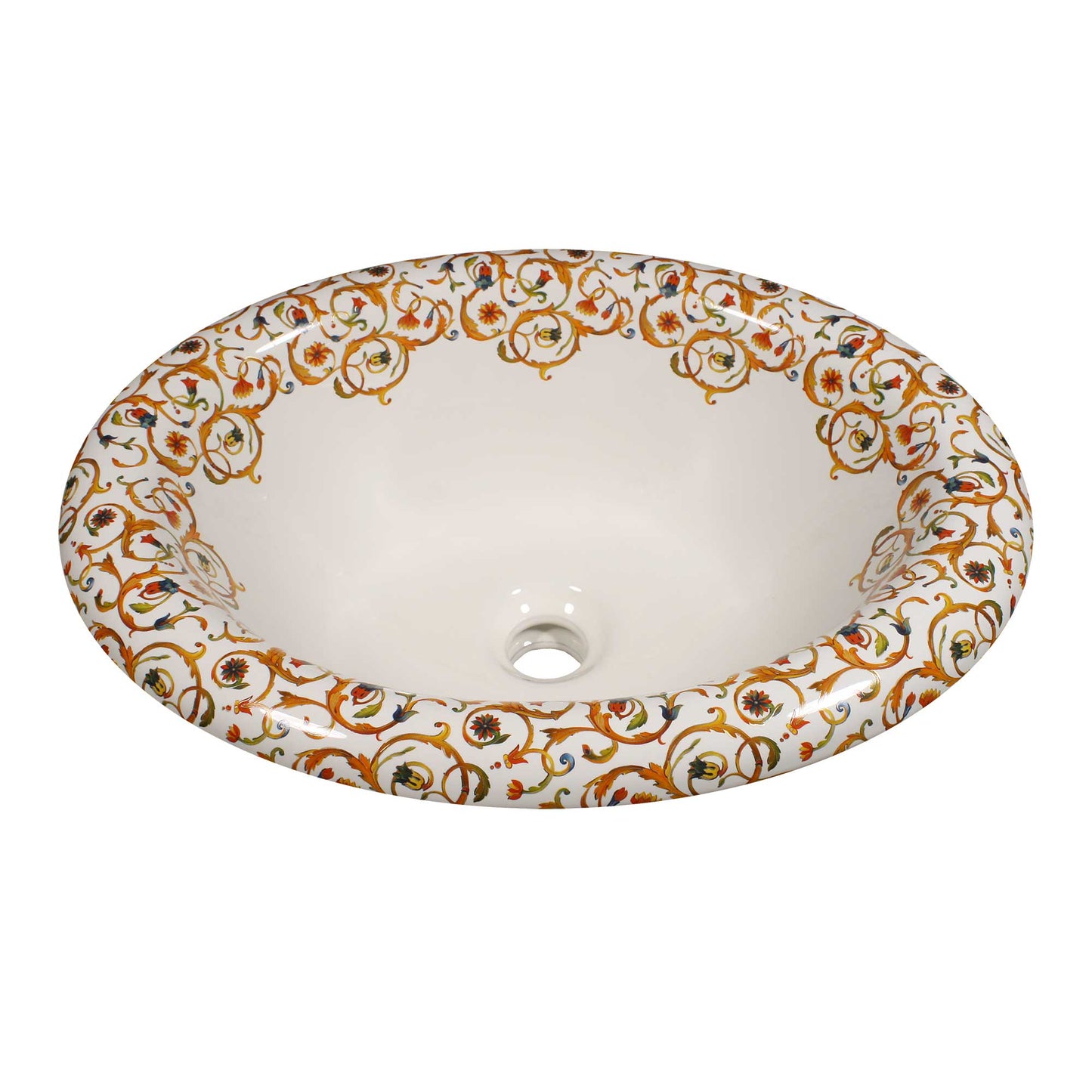 Classic Florentine design in gold, red and blue painted on an oval drop-in bathroom sink for a new twist on this old classic design.