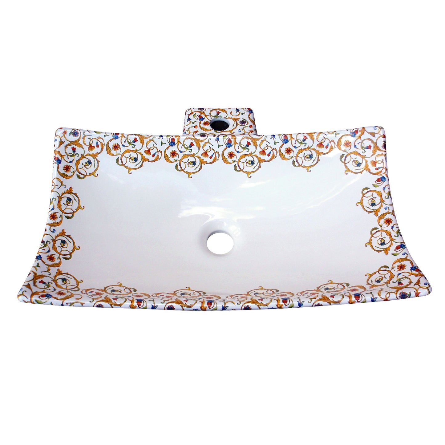 Modern flat vessel sink painted with gold, red and blue florentine design for sophisticated bathroom or powder room.