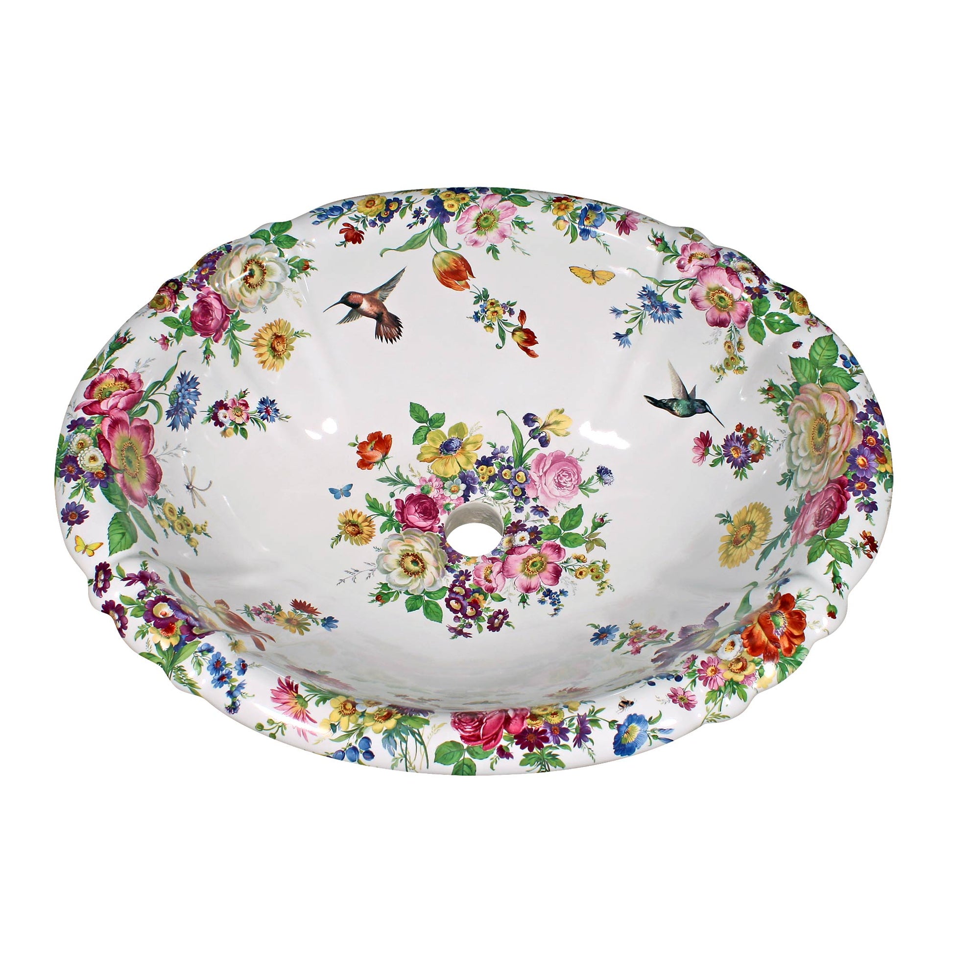 decorative ceramic bathroom sink painted with flowers, roses, hummingbirds and butterflies