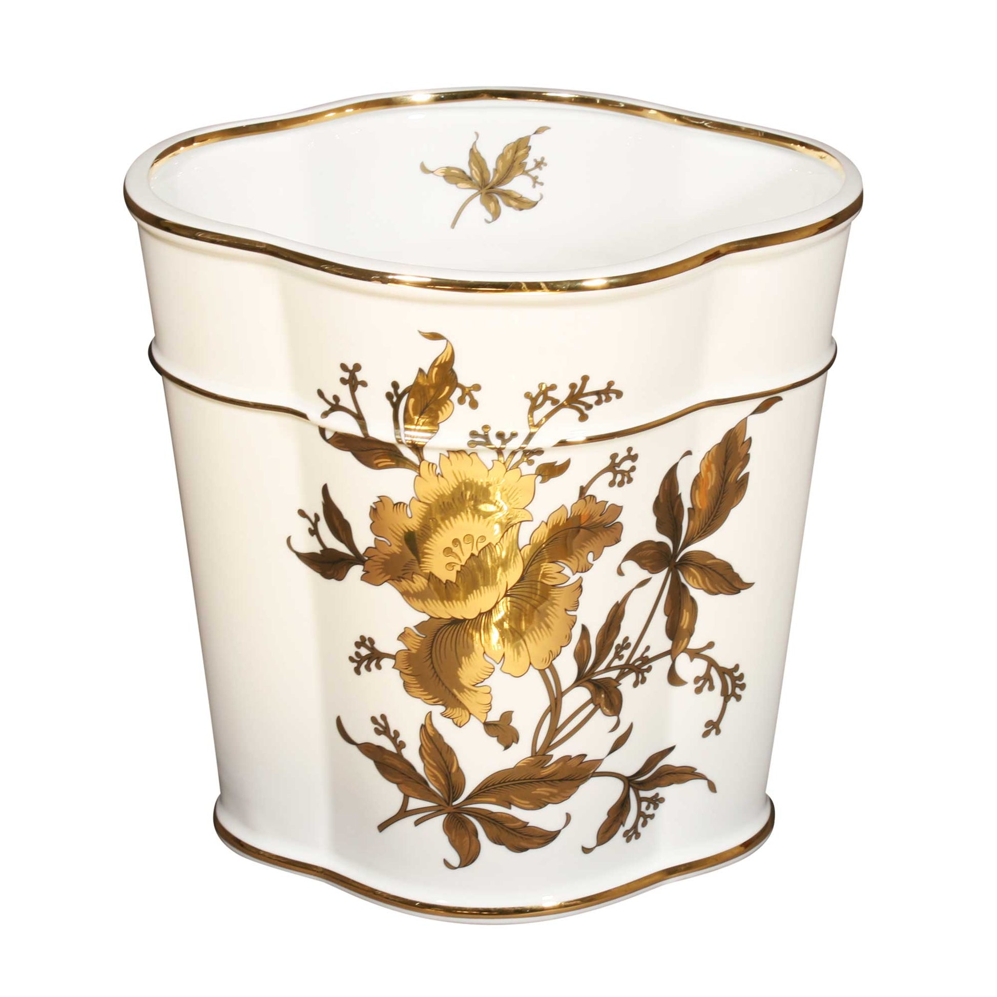 porcelain bathroom wastebasket painted with gold orchids and bands