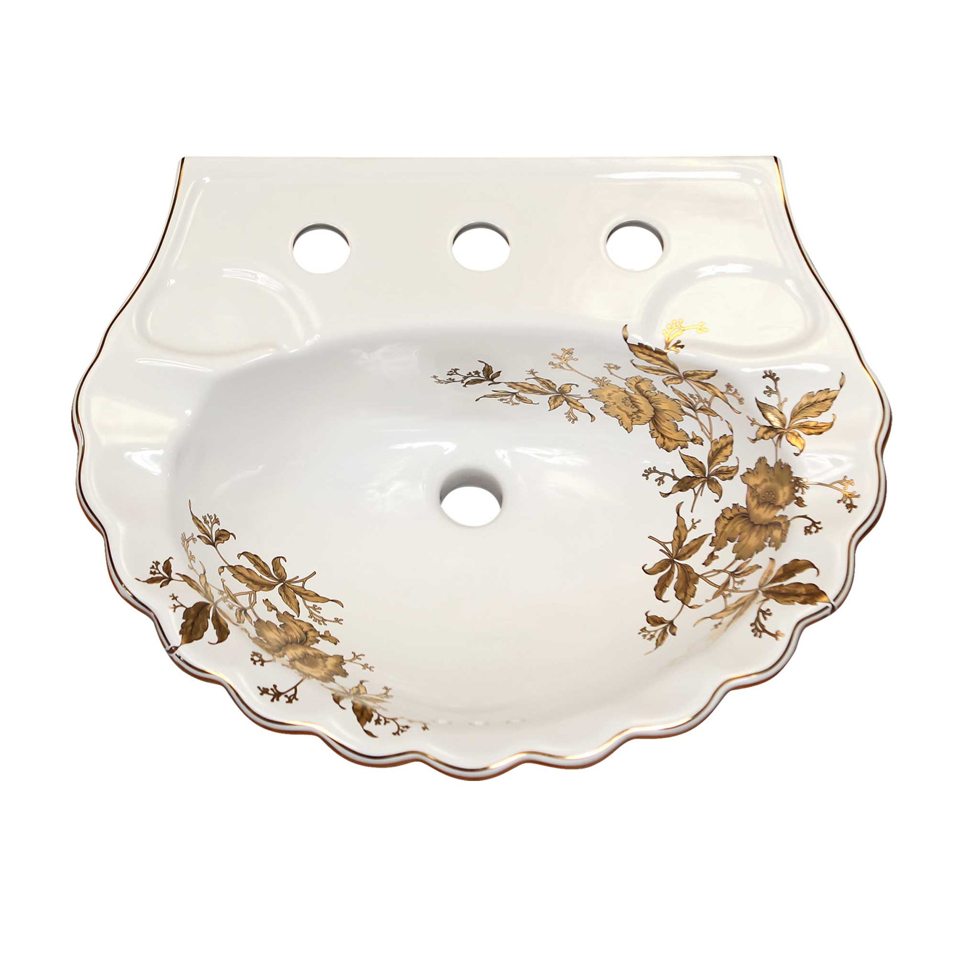 Top view of the gold orchids design painted on a pretty scalloped edge pedestal sink bowl.