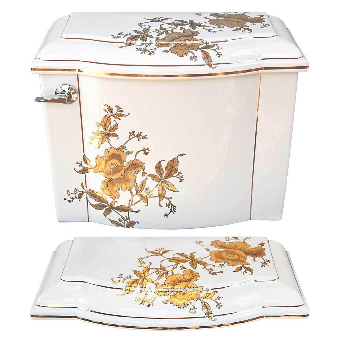 White Kohler toilet painted with beautiful design of gold bands and orchids
