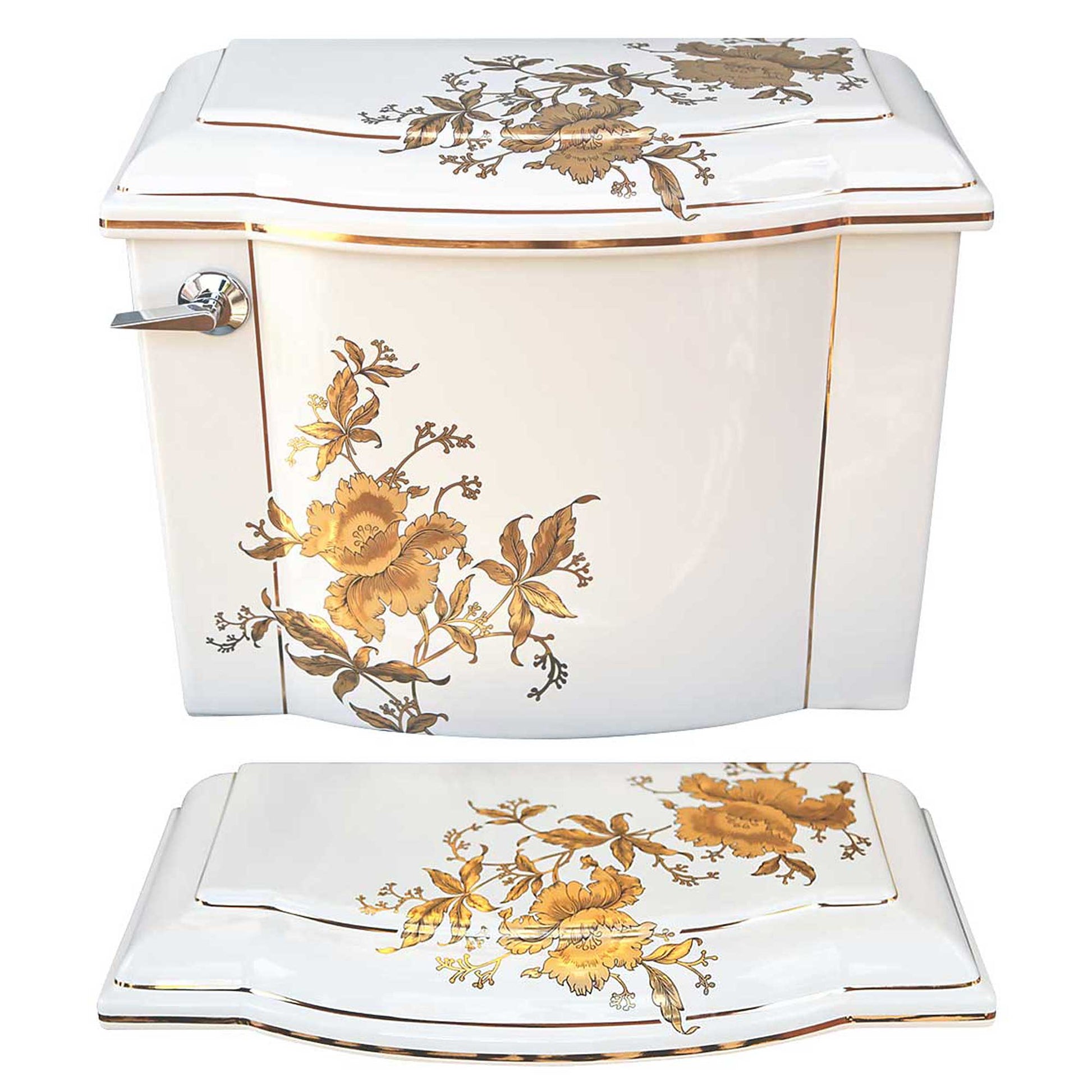 White Kohler toilet painted with beautiful design of gold bands and orchids