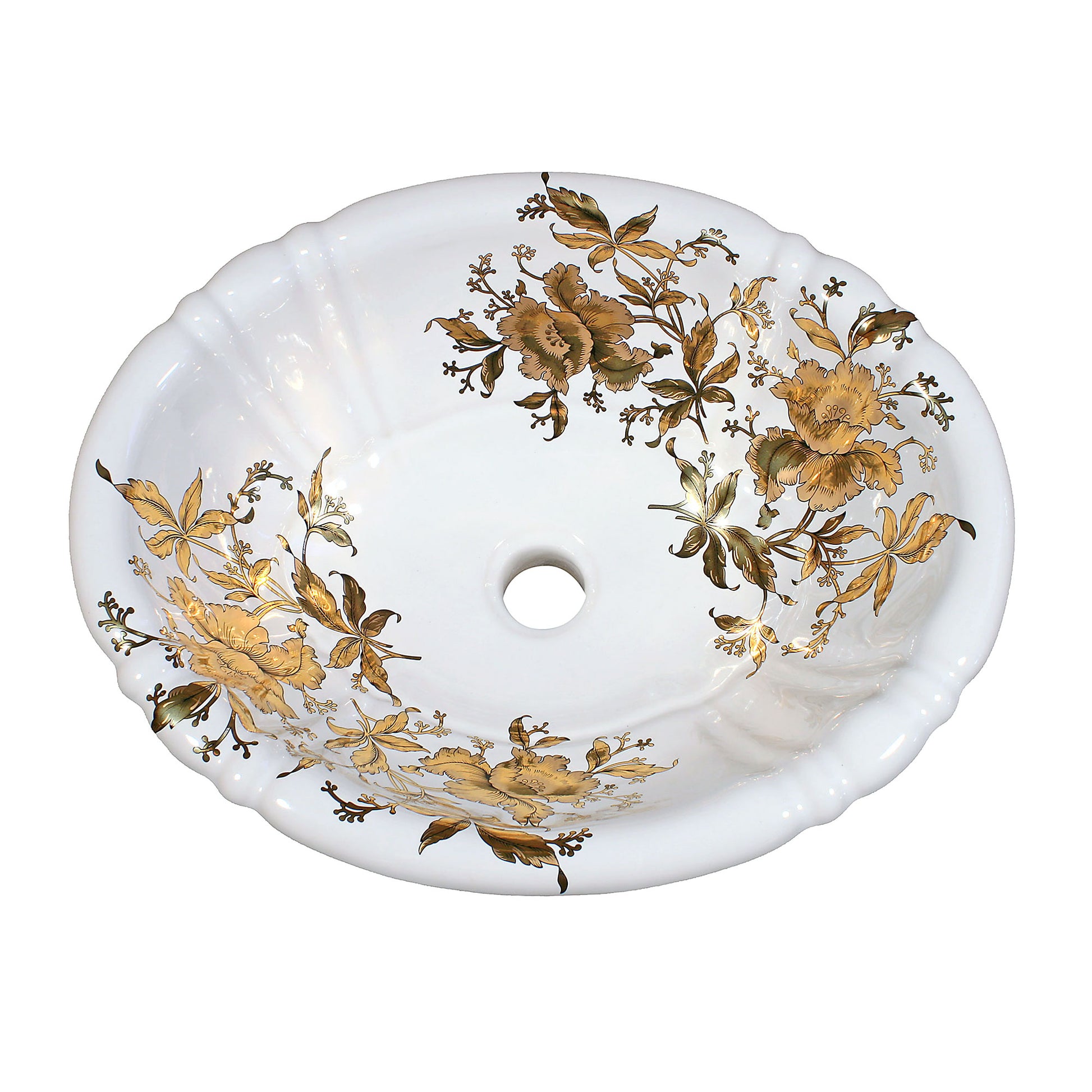 Fluted bathroom sink painted with gold orchids design