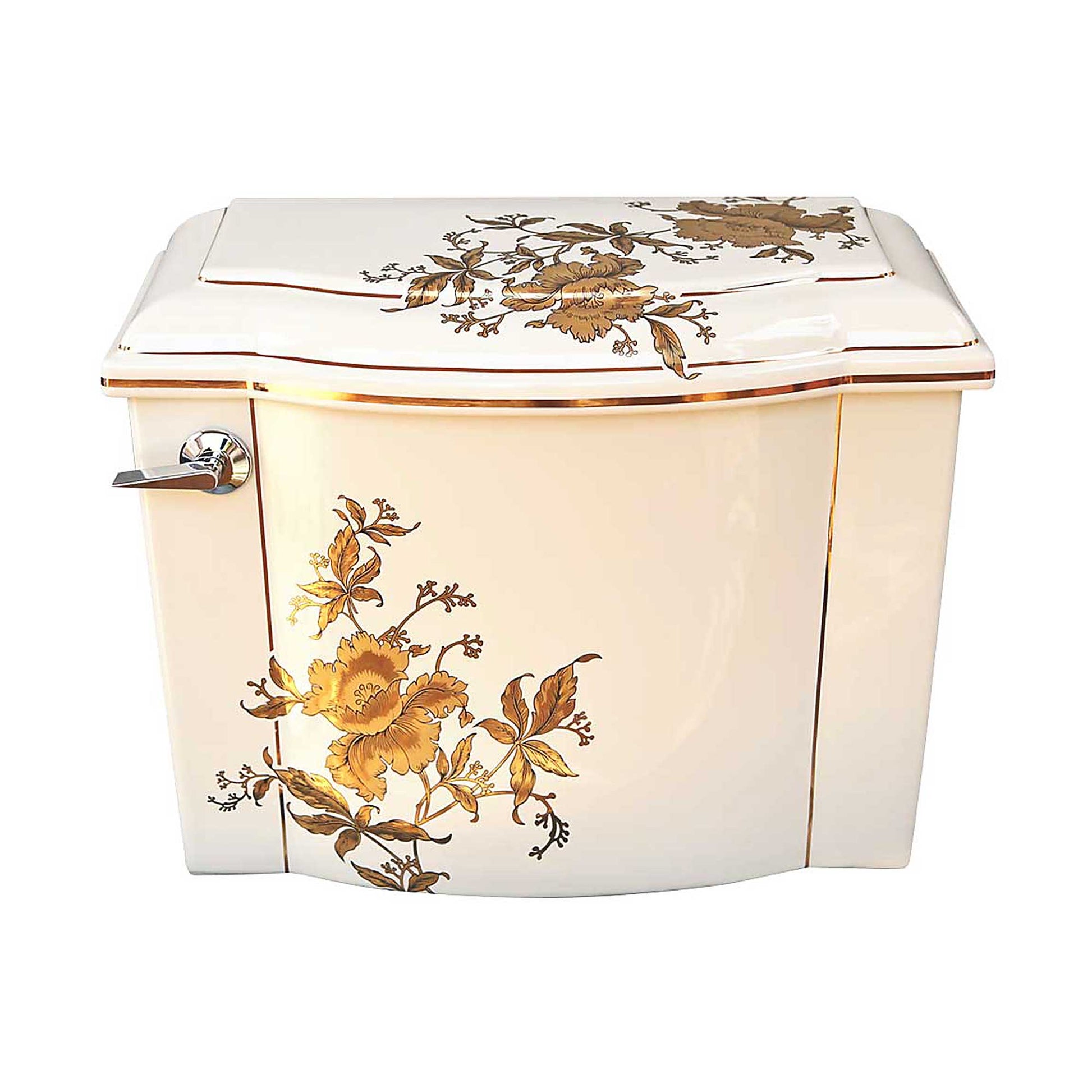 Kohler Devonshire toilet tank painted with gold orchids and bands