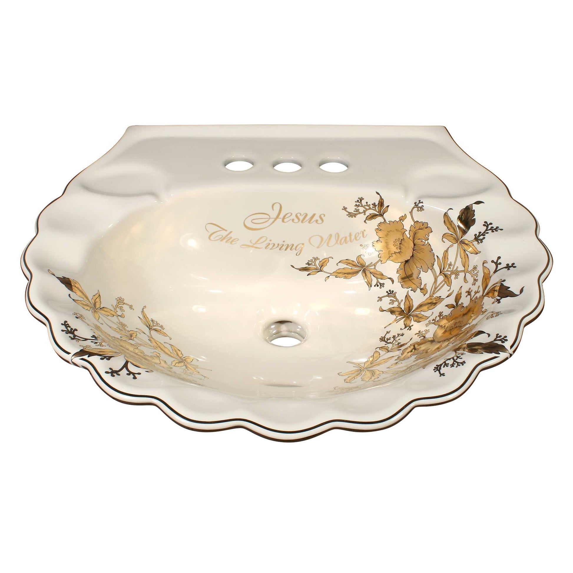 Gold Orchids painted sink bowl with spiritual script "Jesus the Living Water"