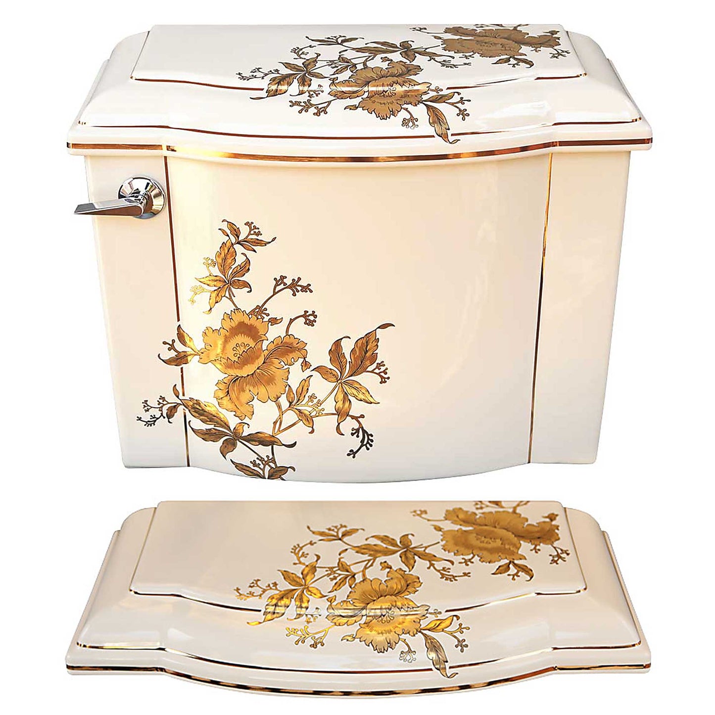Kohler toilet tank decorated with matte & metallic gold orchids