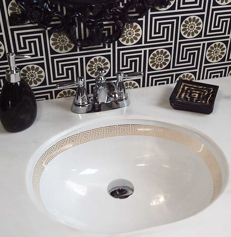 Greek key bathroom with gold squares border painted sink