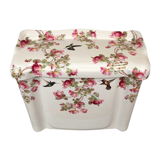 Pink Geraldine roses and hummingbirds painted toilet tank