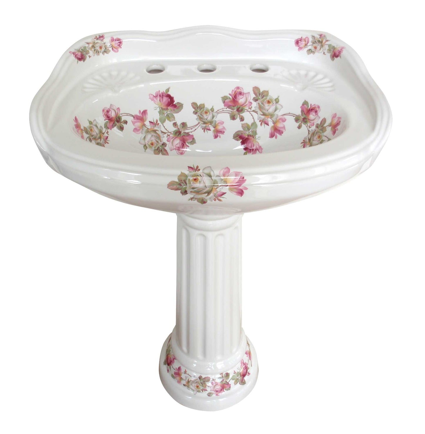 Traditional Pedestal lavatory painted with pink and white Geraldine roses