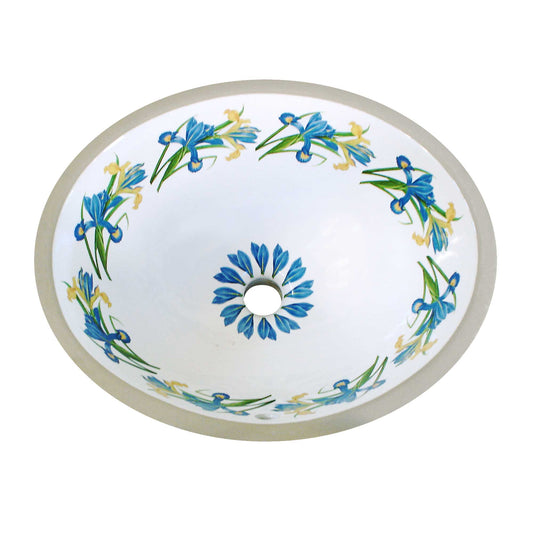 Beautiful vanity basin with blue and yellow iris flowers painted in a geometric design. Looks great in any bathroom decor.