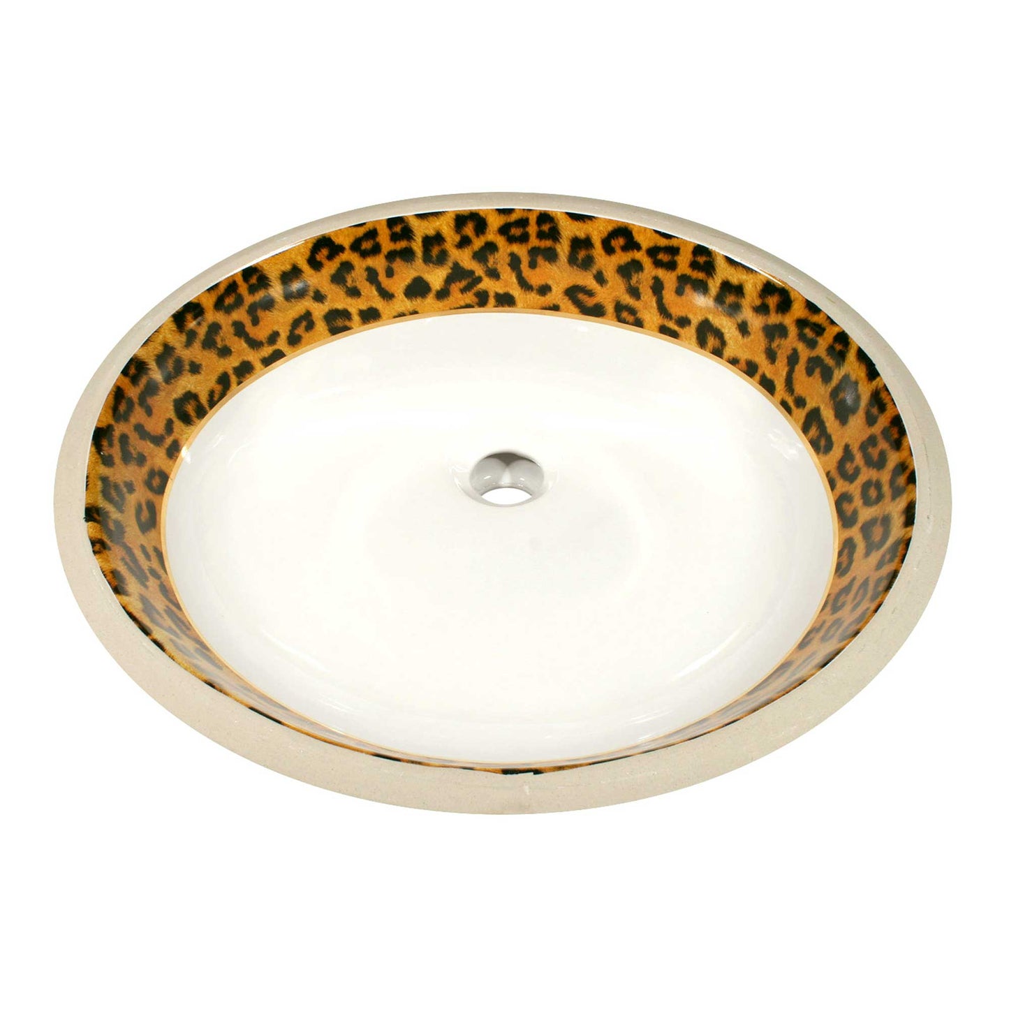 Leopard print and gold bands painted undercount bathroom sink.