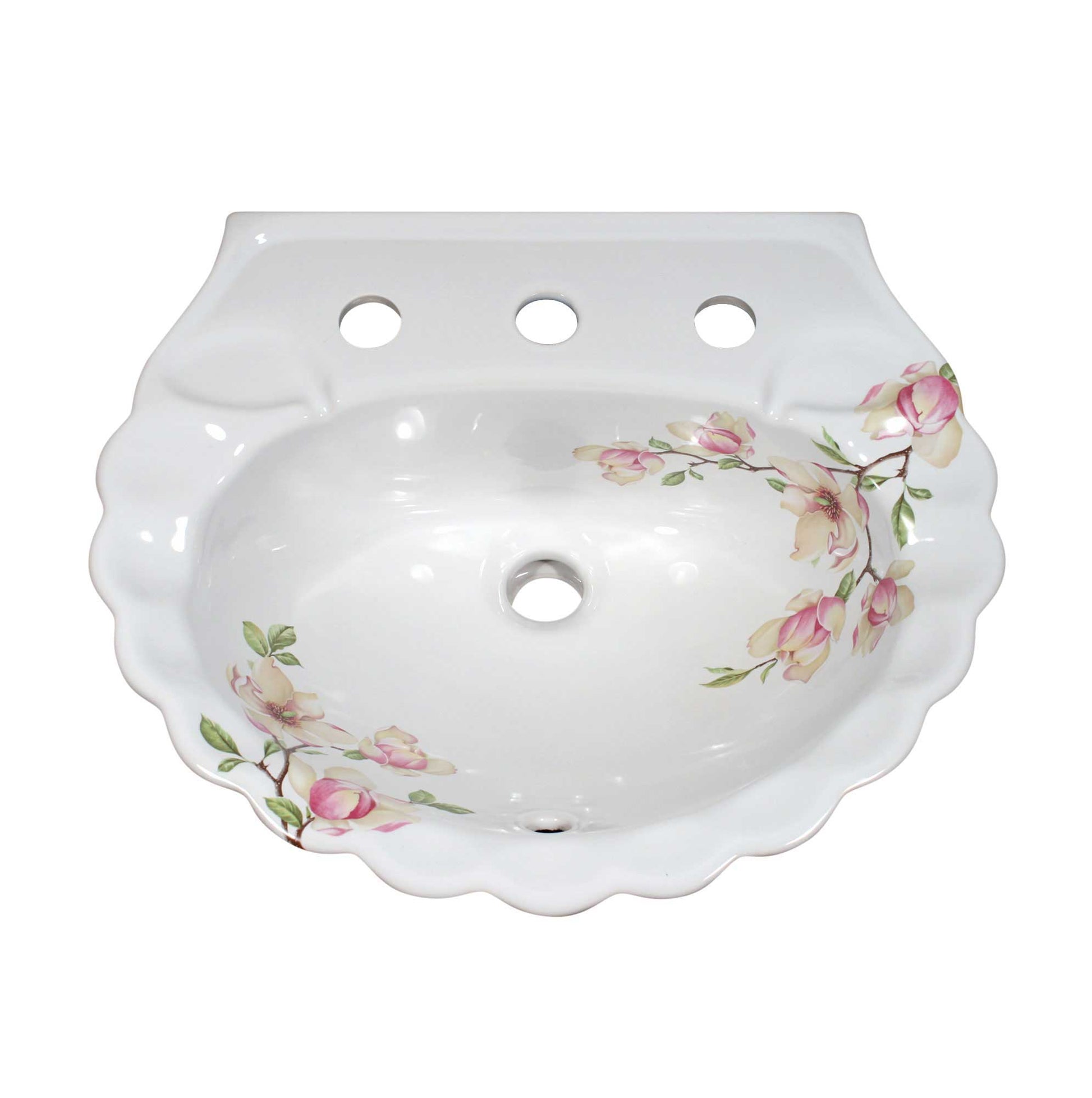 Decorative, scalloped bowl of pedestal sink painted with Magnolia flowers