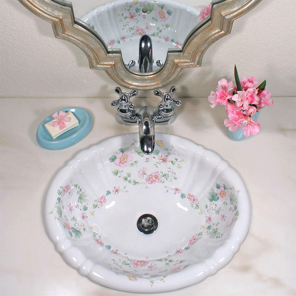 Elegant powder room with Moss Roses painted sink