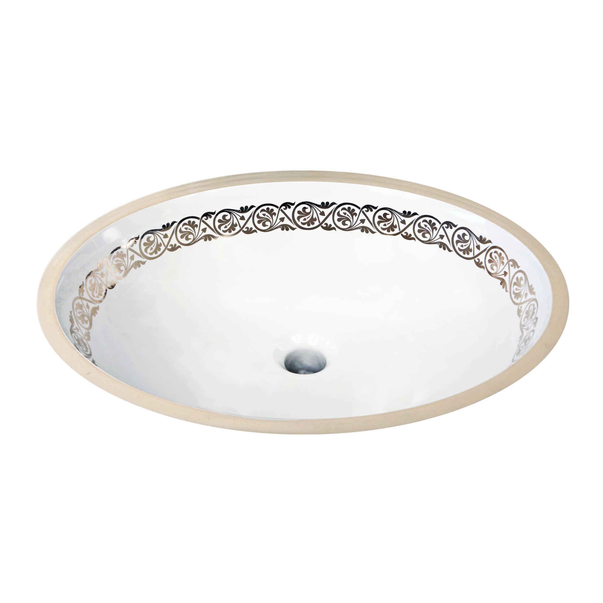Undermount Bathroom Sink Painted with ornate gold or platinum border and made in the USA.