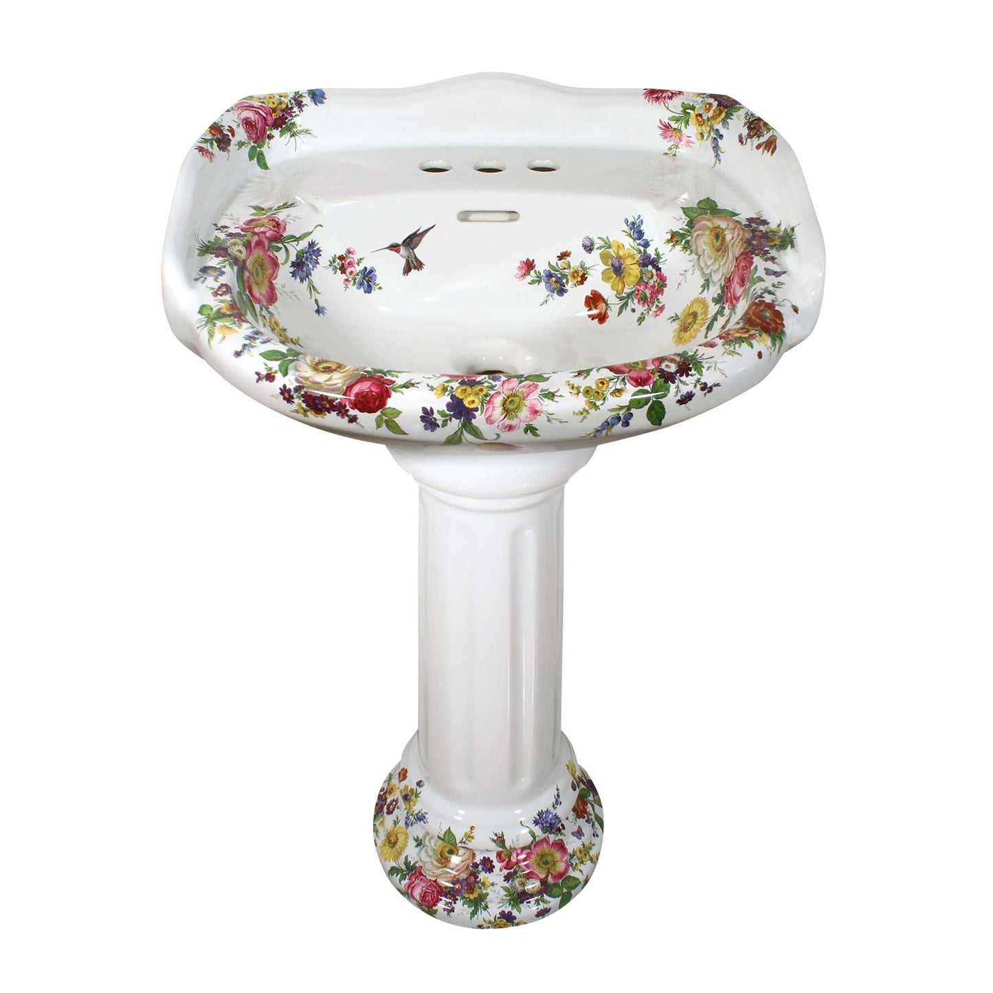 Victorian pedestal lavatory painted with flowers and hummingbird