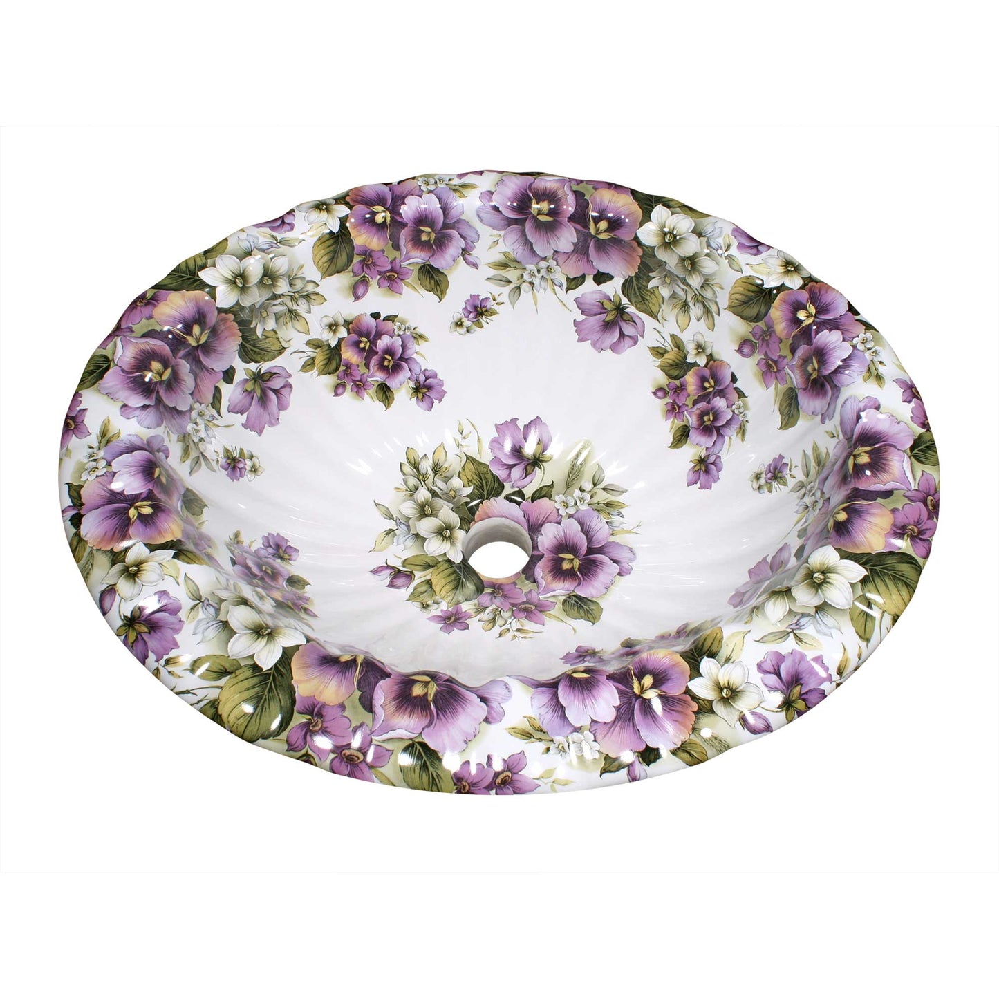 Scalloped edge drop-in sink painted with purple pansies
