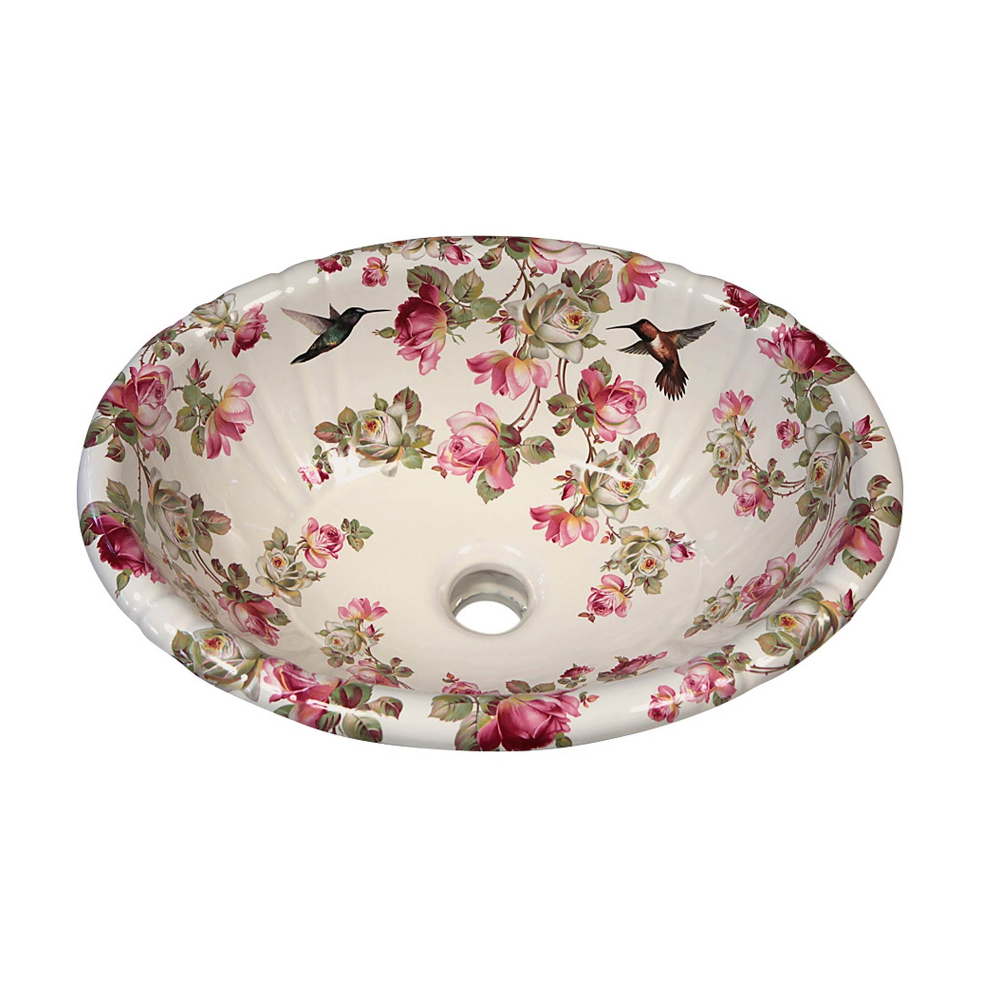 pink and white Geraldine roses and hummingbirds painted bathroom sink in biscuit