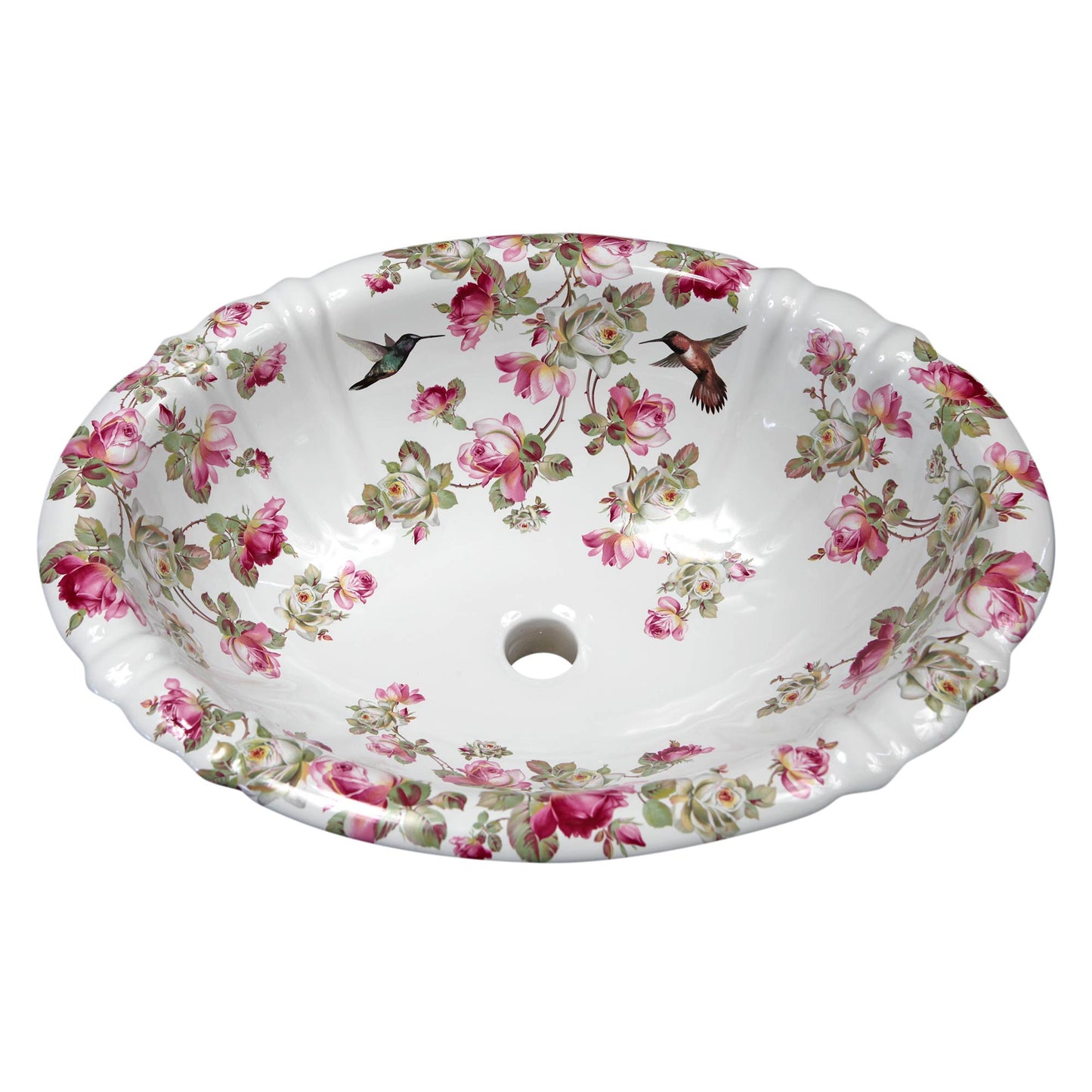 pink and white Geraldine roses and hummingbirds painted bathroom sink