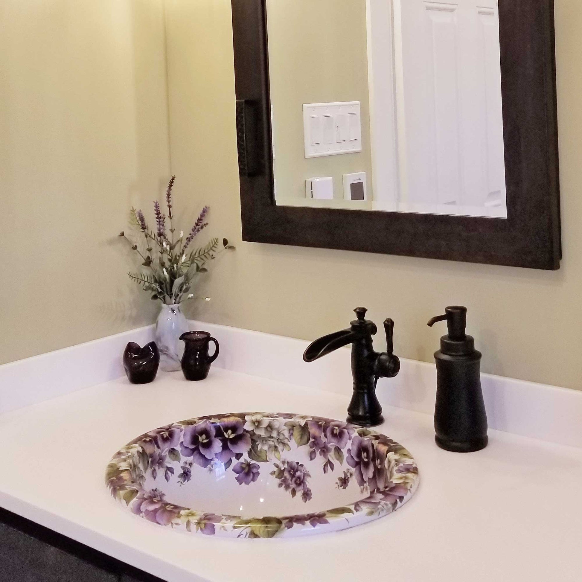 Purple Pansies bathroom with painted drop-in basin