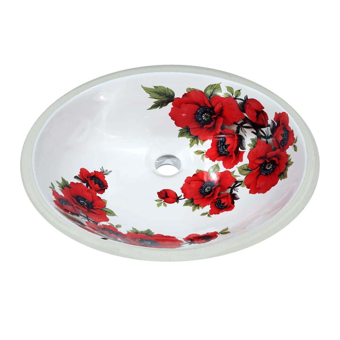 undermount bathroom sink painted with poppies