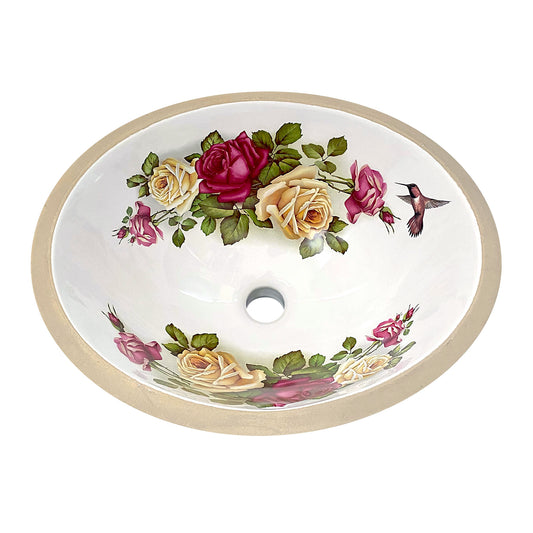 undermount bathroom sink painted with roses and hummingbird