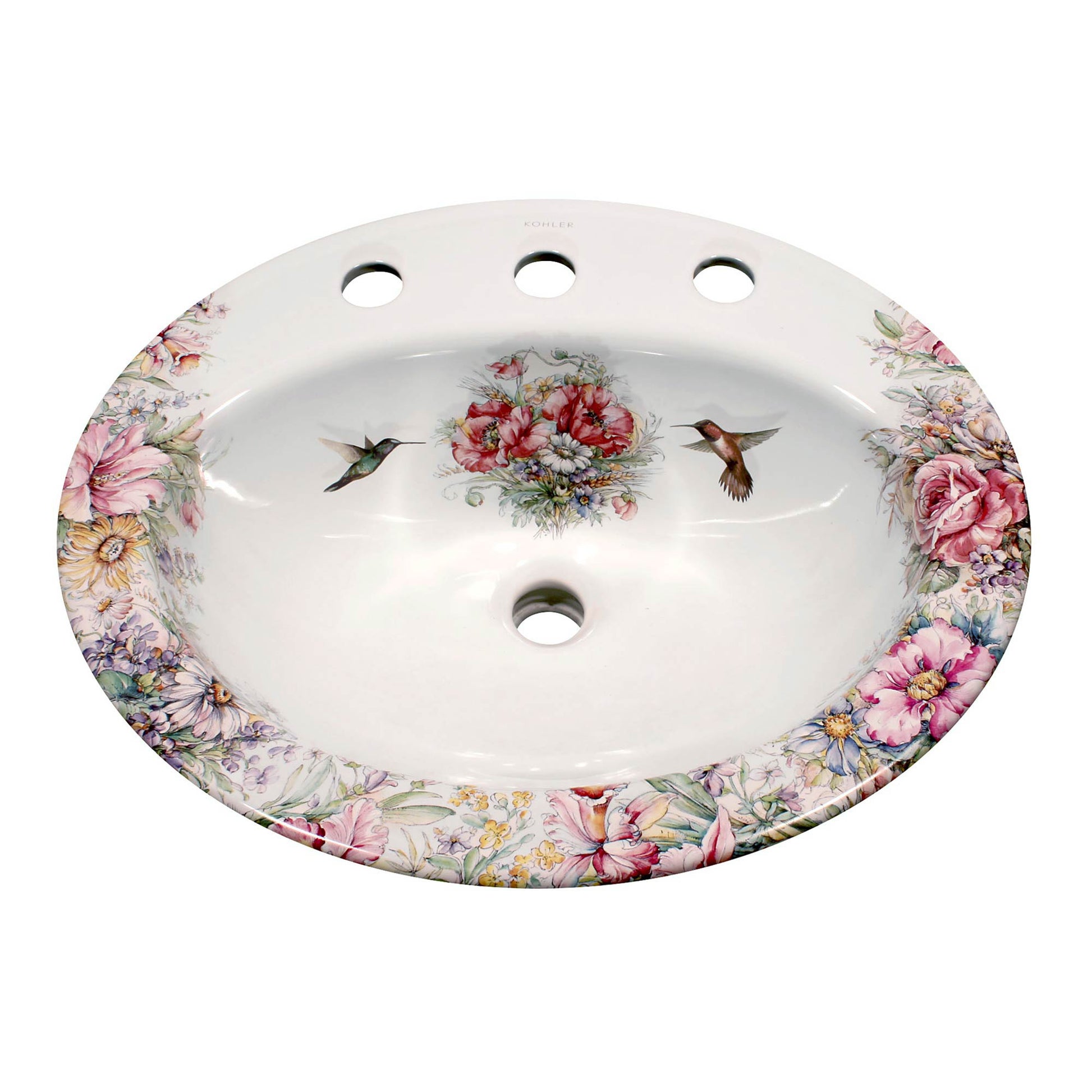 Rococo flowers roses orchids hummingbirds painted drop-in sink