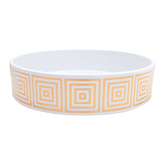 Round Vessel sink decorated with big gold concentric squares design.