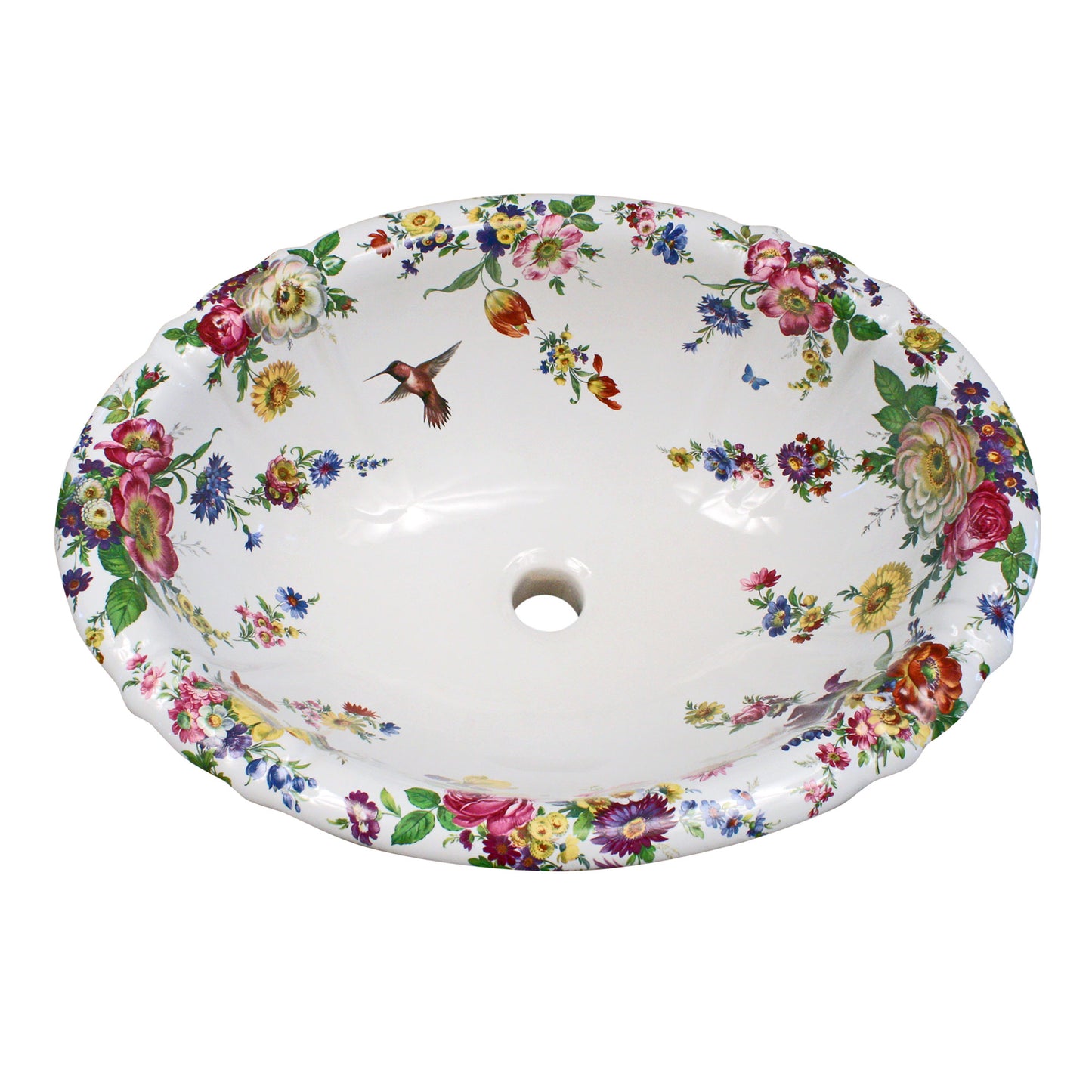 flowers and hummingbird hand painted bathroom sink