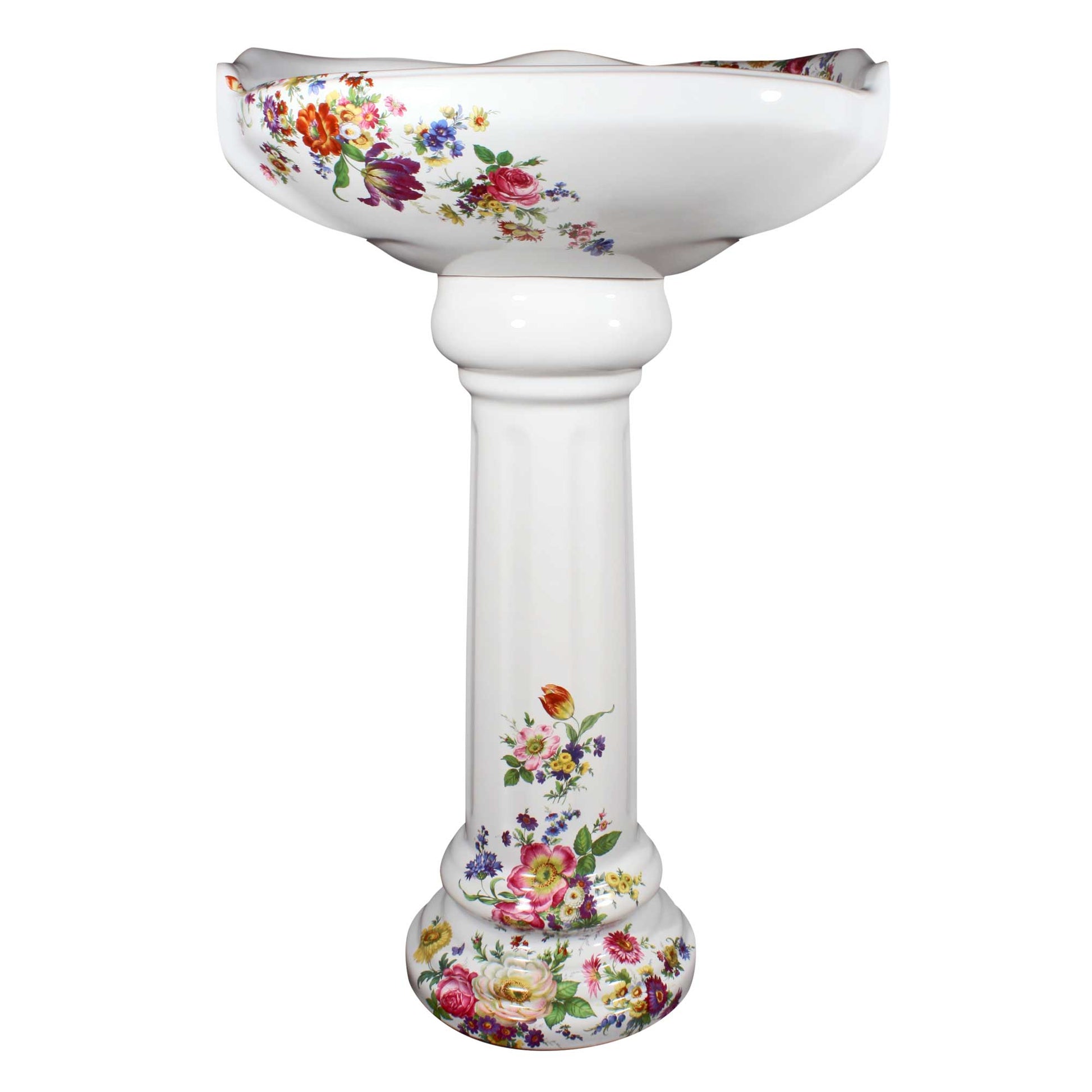 Front view of traditional pedestal lavatory painted with flowers
