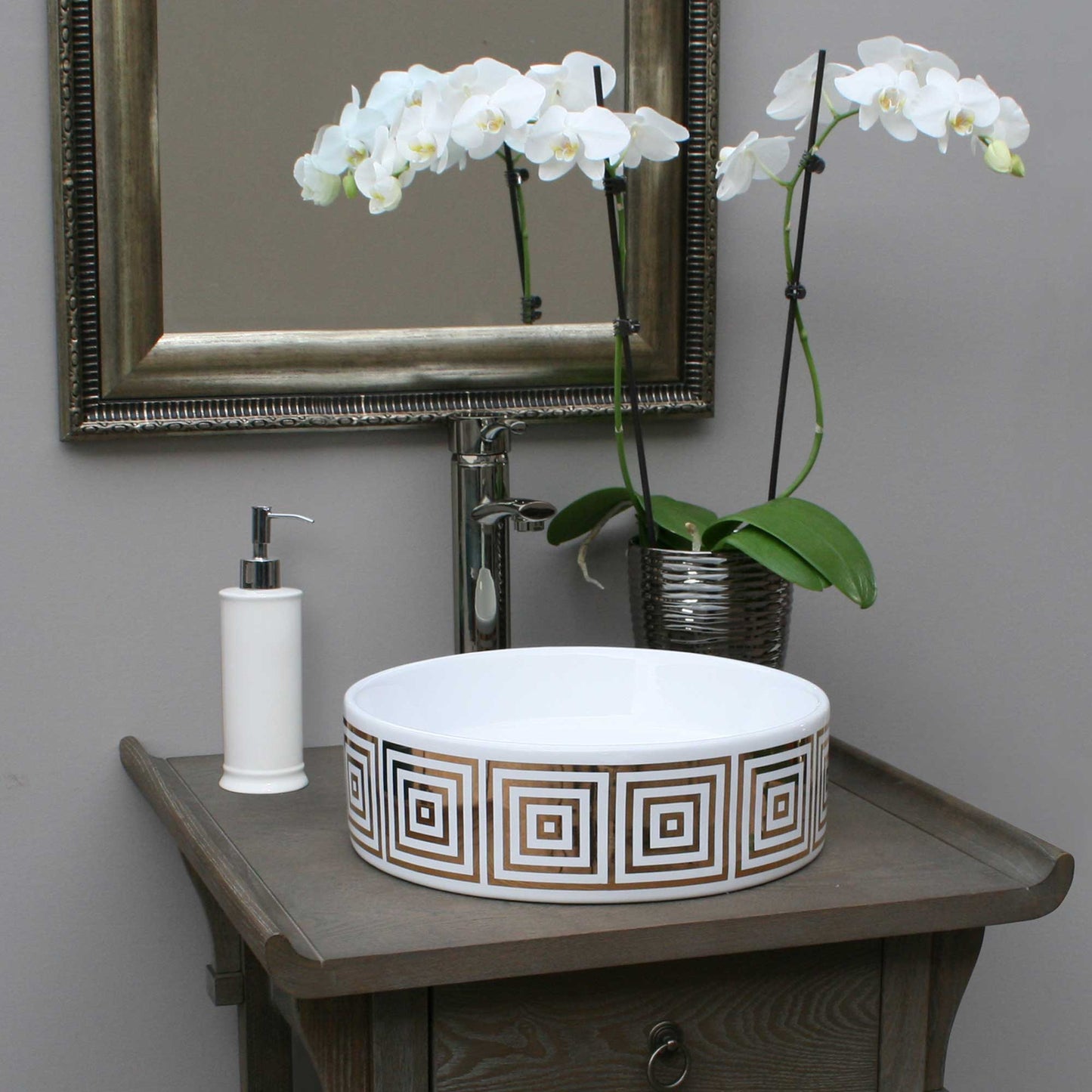 Very small powder room vessel sink painted with gold squares and Asian feel