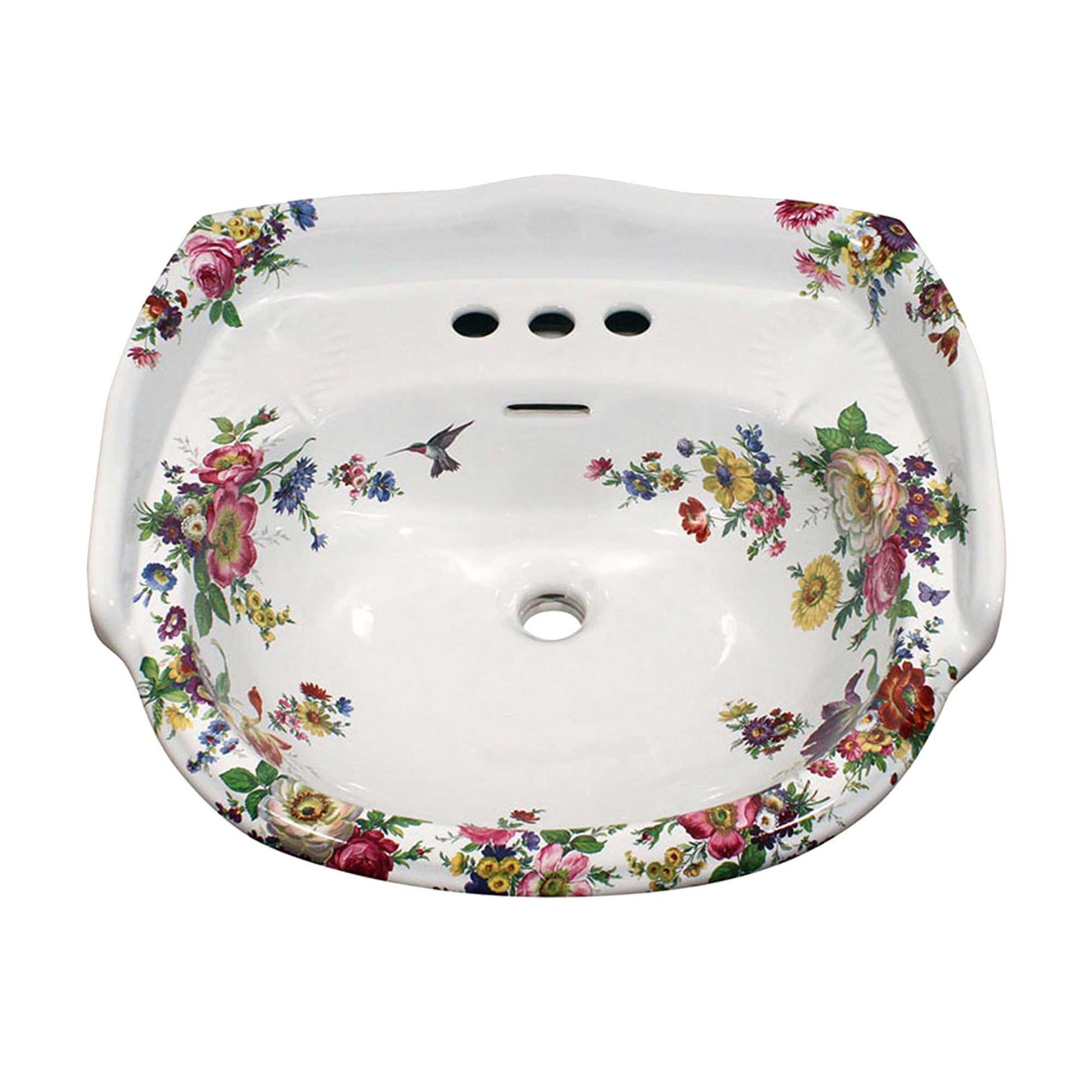 Pedestal sink bowl painted with Meissen flowers and hummingbird
