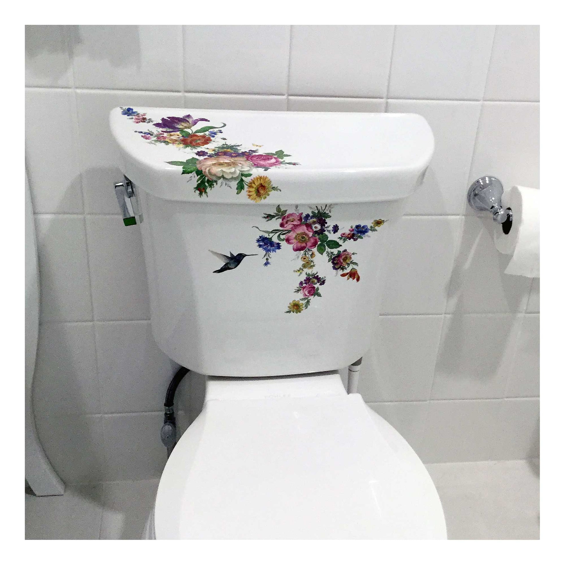 Kohler Highline toilet painted with flowers and hummingbird